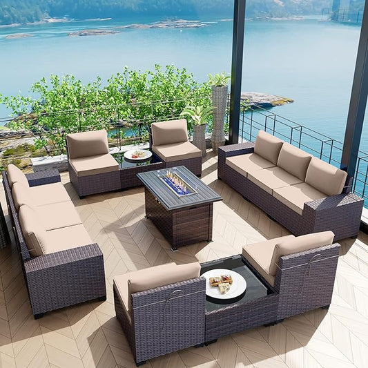 Kullavik 13 Pieces Outdoor Patio Furniture Set with 43" 55000BTU Gas Propane Fire Pit Table PE Wicker Rattan Sectional Sofa Patio Conversation Sets,Sand - LeafyLoom