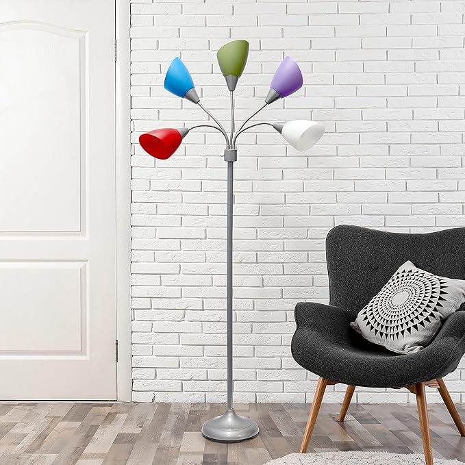 Simple Designs LF2006-SDM 67" Contemporary Multi Head Medusa 5 Light Adjustable Gooseneck Silver Floor Lamp with Primary Dark Multicolored Shades for Kids Bedroom Playroom Living Room Office - LeafyLoom