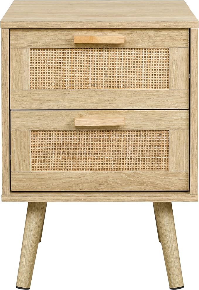 Finnhomy Nightstand, End Table, Side Table with 2 Hand Made Rattan Decorated Drawers, Wood Accent Table with Storage for Bedroom, Natural (Patented) - LeafyLoom