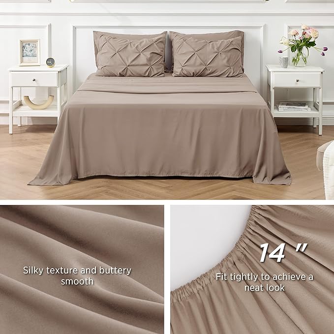 Bedsure Khaki Comforter Set Queen - Bed in a Bag Queen 7 Pieces, Pintuck Beddding Sets Green Bed Set with Comforter, Sheets, Pillowcases & Shams - LeafyLoom