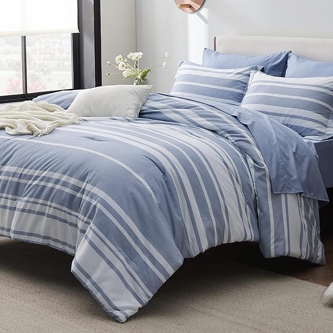 Bedsure Twin Comforter Set 5 Pieces, Blue White Striped Twin Bedding Sets All Season Bed Set, Twin Bed in a Bag with Comforter, Sheets, Pillowcase & Sham - LeafyLoom