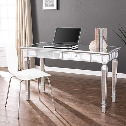 SEI Furniture Glenview Glam Mirrored Writing Desk w/ Drawers, Matte Silver - LeafyLoom