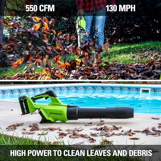 Greenworks 40V (550 CFM / 130 MPH) Brushless Axial Blower + Trimmer, 4.0Ah USB Battery and Charger Included - LeafyLoom