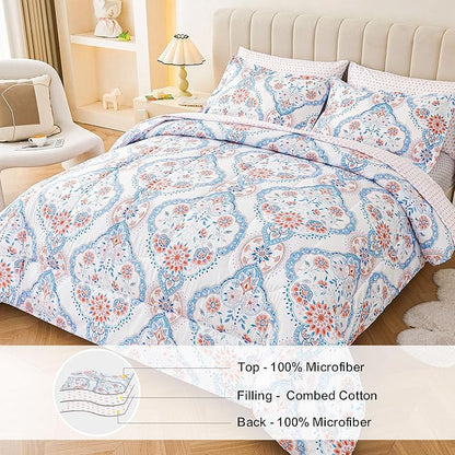 Printed Queen Bedding Sets with Comforter and Sheets, Lightweight Boho Floral 7 Piece Bed in A Bag Comforter Set for Women, Pink and Blue Mandala Flower Pattern - LeafyLoom