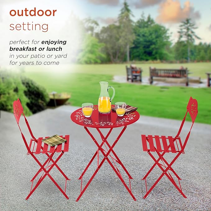 Alpine Corporation Indoor/Outdoor 3-Piece Bistro Set Folding Table and Chairs Patio Seating, Red - LeafyLoom