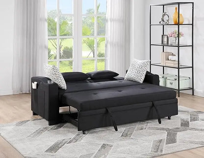 3 in 1 Oversized Convertible Sleeper Loveseat Sofa Pull Out Couch Bed Lounge Chaise with USB Charger and Cupholders for Living Room Office, Black 71" - LeafyLoom