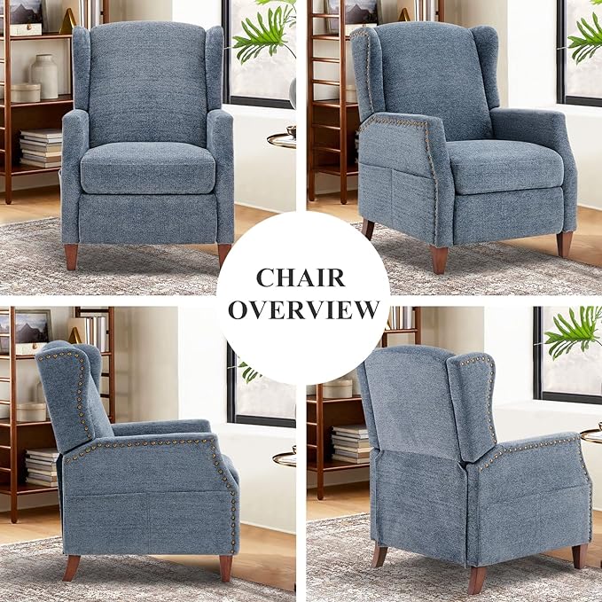 COLAMY Wingback Pushback Recliner Storage Pocket Upholstered Fabric Living Room Chair Armchair, with Wood Legs and Nailhead Trim, Dark Blue - LeafyLoom