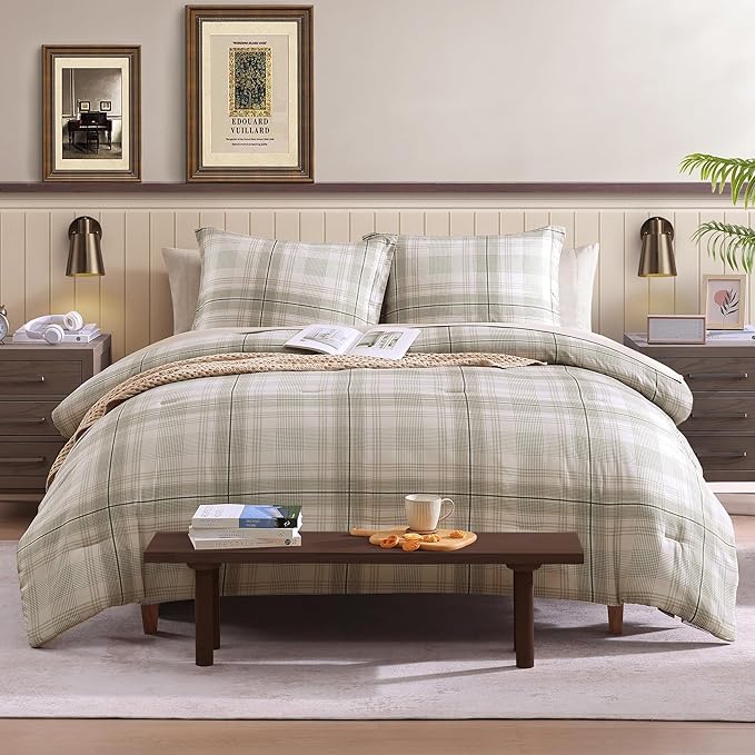 Beige King Size Comforter, Khaki Green Plaid King Comforter Set or Boys & Girls,Classic Homestead-style King Bedding Sets with King Size Bed Sheets and Comforter Sets - LeafyLoom