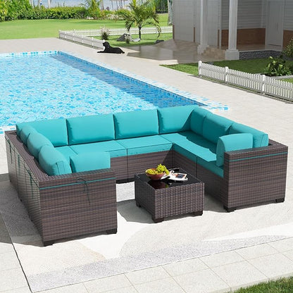 Kullavik 9PCS Outdoor Patio Furniture Set PE Wicker Rattan Sectional Sofa Patio Conversation Sets,Blue - LeafyLoom