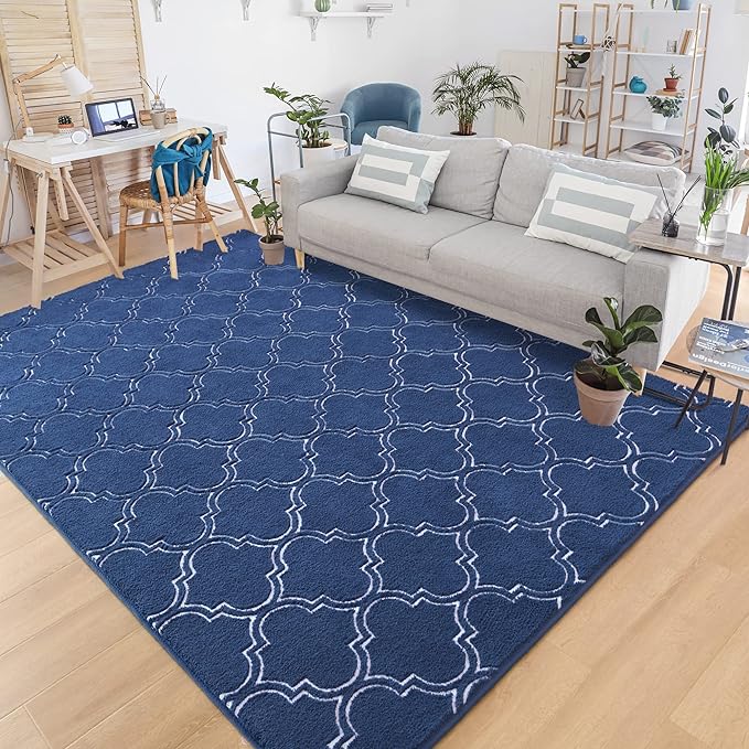 Chicrug Shag Geometric Modern Area Rug for Bedroom, 5x7 Feet Memory Foam Indoor Carpet, Fluffy Rug for Living Room Bedside Room Decor for Family Girls Kids Nursery Play Mat, Navy/White - LeafyLoom