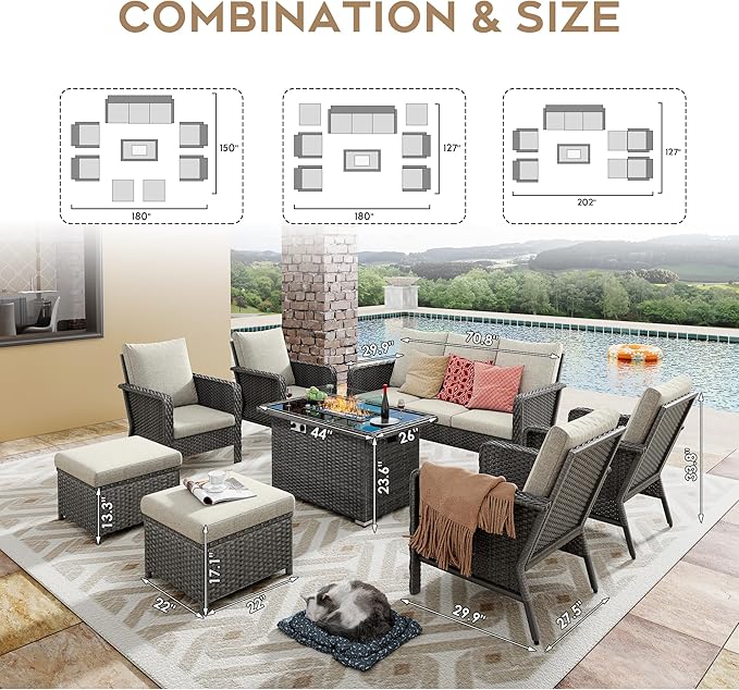 Yechen Patio Conversation Set 9 Seats with 44" Propane Gas Fire Pit Table - 8 Pcs Outdoor Wicker Furniture Set with Lid & Wind Shields - Sectional Sofa Set for Porch,Backyard - LeafyLoom