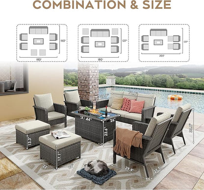 Yechen Patio Conversation Set 9 Seats with 44" Propane Gas Fire Pit Table - 8 Pcs Outdoor Wicker Furniture Set with Lid & Wind Shields - Sectional Sofa Set for Porch,Backyard - LeafyLoom