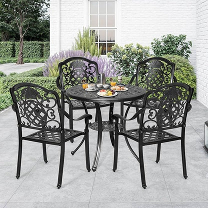 DWVO 5 Piece Outdoor Furniture Cast Aluminum Patio Dining Sets, All-Weather Patio Bistro Sets with 4 Chairs, 30 Inches Round Table with Umbrella Hole, Adjustable Feet for Balcony Backyard Deck Garden - LeafyLoom