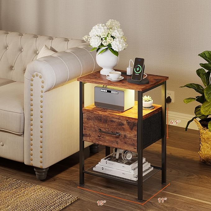 Night Stand, End Table with Charging Station, LED Bedside Table with Fabric Drawer for Bedroom, 3-Tier Side Table with Open Shelf, Rustic Brown - LeafyLoom