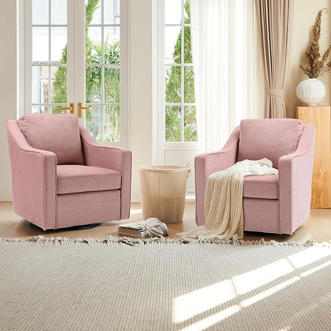 COLAMY 360° Swivel Accent Chair Set of 2, Upholstered Fabric Leisure Armchair with Lumbar Pillow for Living Room Bedroom Home Office, Pink - LeafyLoom