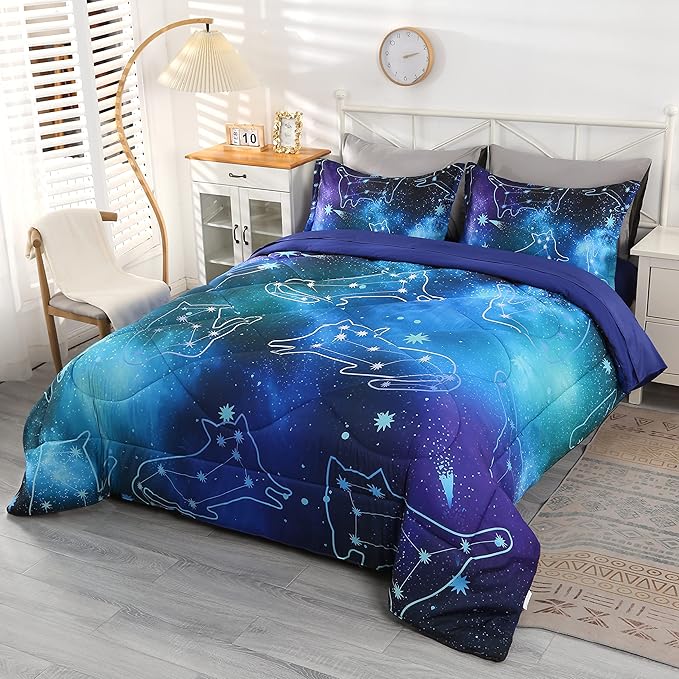 Wowelife Galaxy Bedding Twin Comforter Set for Boys and Girls 5 Pieces Cat Galaxy Comforter Set Outer Space Twin Bedding Set with Sheets Comfortable and Breathable for Kids - LeafyLoom