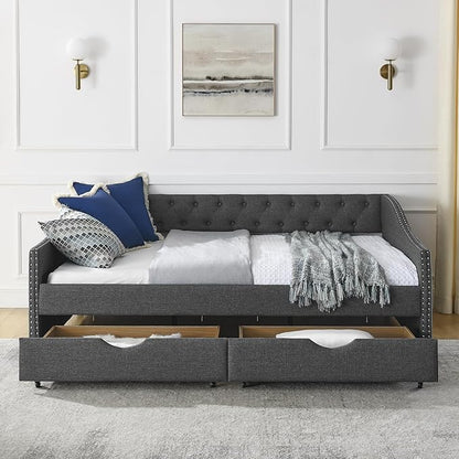 Full Size Daybed with Two Storage Drawers, Linen Upholstered Tufted Sofa Bed w/Button on Back and Copper Nail on Waved Shape Arms, for Bedroom Living Room, No Box Spring Needed, Dark Grey - LeafyLoom