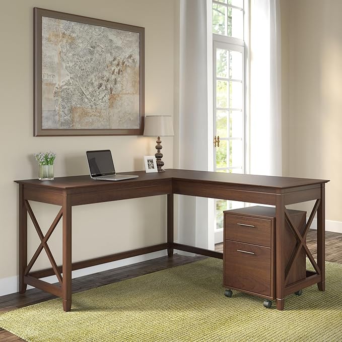 Bush Furniture Key West 60W L Shaped Desk with 2 Drawer Mobile File Cabinet in Bing Cherry - LeafyLoom