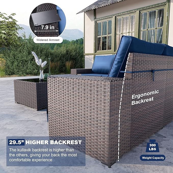 Kullavik 13PCS Outdoor Patio Furniture Set with 43" 55000BTU Gas Propane Fire Pit Table PE Wicker Rattan Sectional Sofa Patio Conversation Sets,Navy blue - LeafyLoom