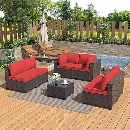 Outdoor Furniture Set 7PCS Patio Furniture for Backyard Wicker Sectional Sofa Set 6 Seats, PE Rattan Outdoor Conversation Set with Thickened Cushions and Glass Coffee Table, Red - LeafyLoom