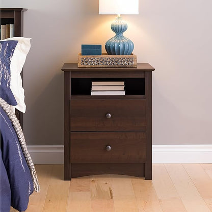 Prepac Fremont 2 Drawer Nightstand: Elegant Bedroom Furniture, Bedside Table with Open Shelf, 23.25"W x 16"D x 28"H, Espresso - EDC-2428 - LeafyLoom