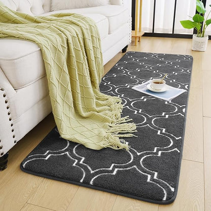 Chicrug Shag Geometric Modern Runner Rug for Bedroom, 2x6 Feet Memory Foam Indoor Hallway Runner Carpet, Fluffy Rug for Living Room Bedside Room Decor for Family, Dark Grey/White - LeafyLoom