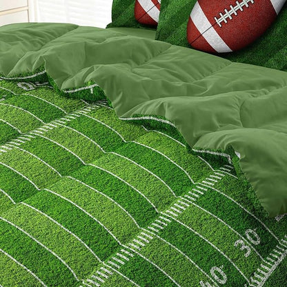 Football Comforter Set Full Size for Teen Boys, Kids Football Field Bedding Green Themed Bedroom Set with Sheets, Full Bed in a Bag Set - LeafyLoom