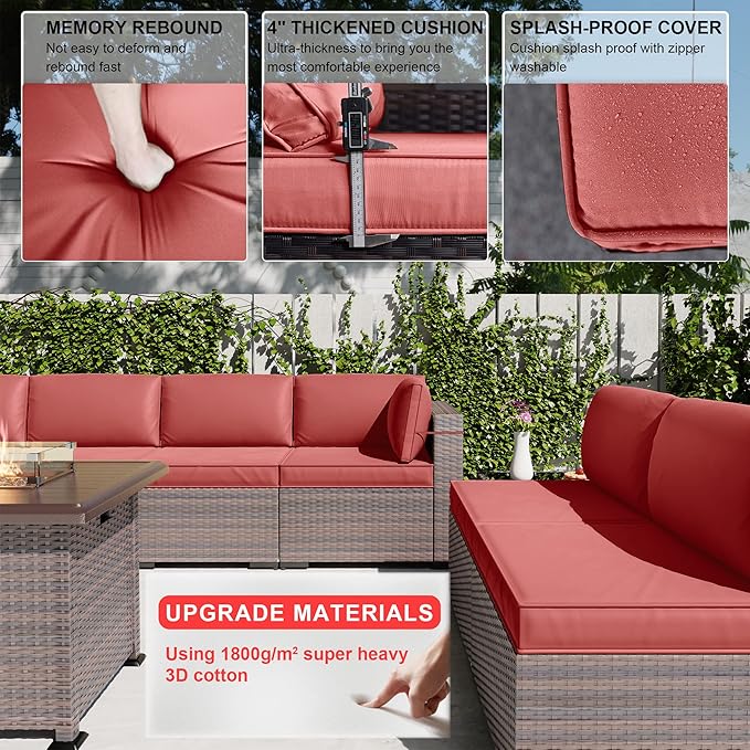 Kullavik 10 Pieces Outdoor Patio Furniture Set with 43" Gas Propane Fire Pit Table PE Wicker Rattan Sectional Sofa Patio Conversation Sets,Red - LeafyLoom