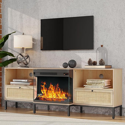 3-Sided Glass Fireplace TV Stand for TVs up to 80", Entertainment Center Electric Fireplace TV Stand with Rattan Drawers Boho Natural - LeafyLoom