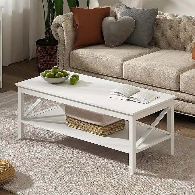 ChooChoo White Coffee Table Classic X Design for Living Room, Rectangular Modern Cocktail Table with Storage Shelf, 47 Inch - LeafyLoom