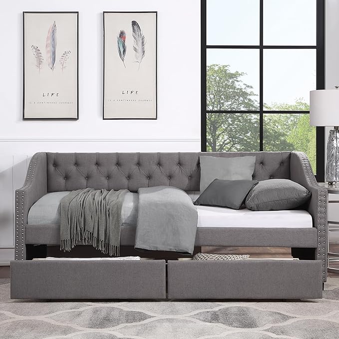 Twin Size Upholstered Daybed with Two Storage Drawers, Tufted Sofa Bed w/Nailhead Trim and Wood Slat Support, for Bedroom, Living Room, Guest Room, Gray - LeafyLoom