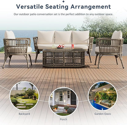 Furniture 4-Piece Outdoor Patio Conversation Seating for 5 Person and Coffee Table, Rattan Chair Wicker Sofa Bistro Sets for Porch, Backyard and Garden, Grey - LeafyLoom