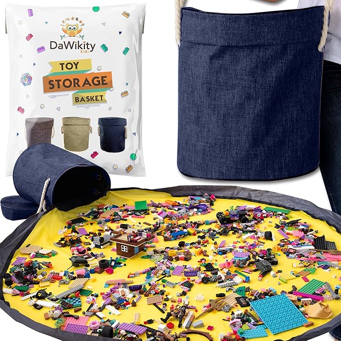 Toy Storage Basket and Play Mat - Building Bricks Toy Storage Organizer - Tidy with Ease - Toy Blocks Mat Storage Bag - Collapsible XL Kids Canvas Bag/Bin - Drawstring Playmat Boy/Girls-15"x14”(NAVY) - LeafyLoom