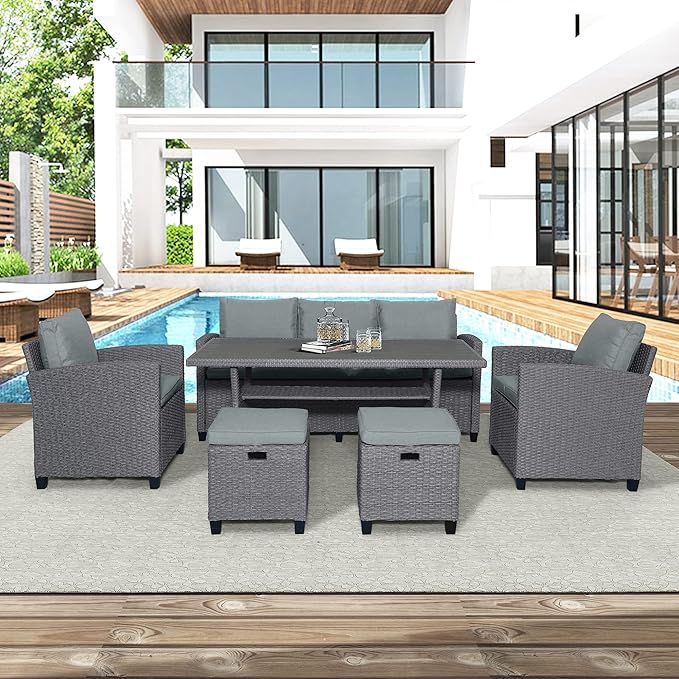 Outdoor Rattan Sectional Sofa with Dining Table, Chairs and Stools for Garden Backyard, 6-Piece Patio Furniture Set All-Weather Wicker Conversation Couch, Onesize, Gray - LeafyLoom