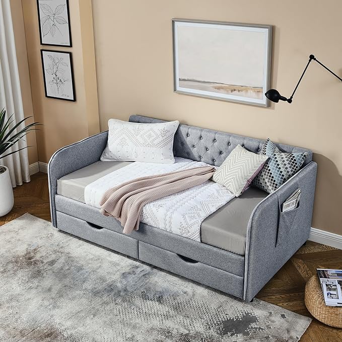 Twin Size Upholstery Daybed with Trundle Bed and 2 Storage Drawers, Flat Arms w/Pocket, Linen Extendable Bedframe for Bedroom Living Room, No Box Spring Needed & Space-Saving Design, Grey - LeafyLoom