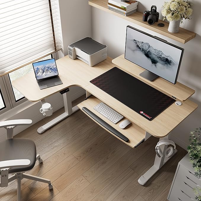 EUREKA ERGONOMIC Standing Desk Adjustable Height 61" Electric Sit Stand Computer Desk L Shaped with Keyboard Tray,Monitor Stand &LED, Dual Motor Memory Presets Sit to Desk Adjustable Desk, Left/Maple - LeafyLoom