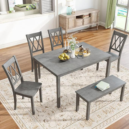 6 Piece Wooden Kitchen Table, Cross Back 4 Chairs,Farmhouse Rustic Waterproof Desk Set,W/Bench,for Family Dinings or Friends Gatherings,Antique Graywash - LeafyLoom