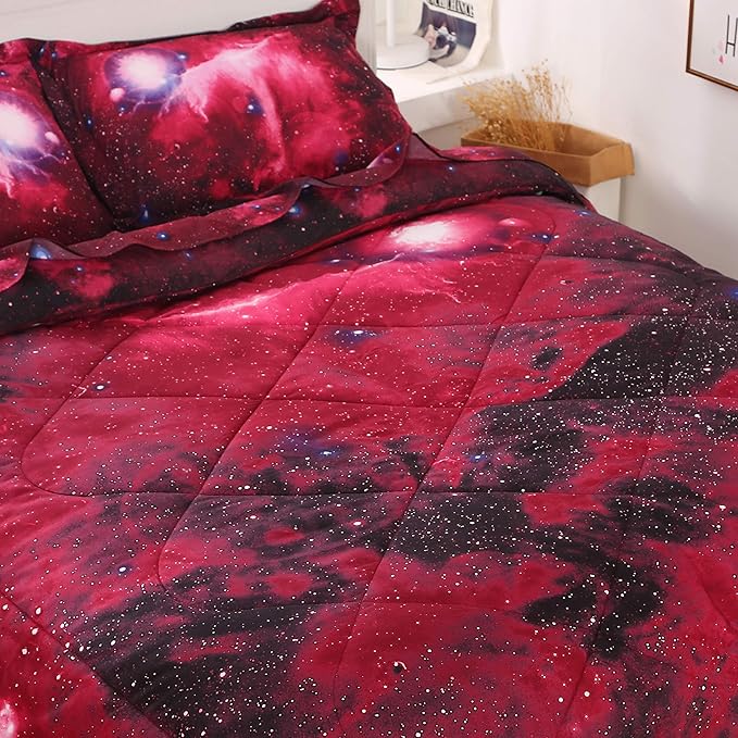 Wowelife 5-Piece Twin Comforter Set for Boys Space, Premium Galaxy Bedding Set Red, 3D Galaxy Comforter Set, Comfortable and Soft Kids Bedding Set - LeafyLoom