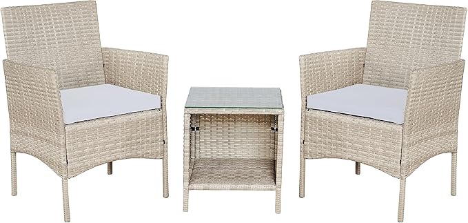 BTEXPERT Outdoor Wicker Conversation 3 Piece Bistro Set Garden Patio Yard Porch Furniture Space Saving Pe Rattan 2 Chairs Cushions Side Storage Glass Table Gray/Cream 3pc, OneSize - LeafyLoom