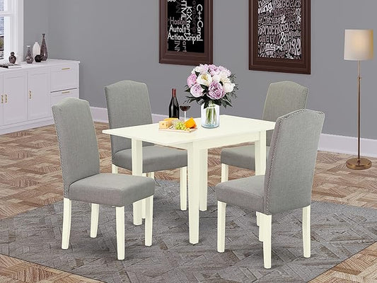 East West Furniture 1NDEN5-LWH-06 5 Piece Dining Set for 4 Includes a Rectangle Kitchen Table with Dropleaf and 4 Dark Shitake Linen Fabric Upholstered Chairs, 30x48 Inch - LeafyLoom