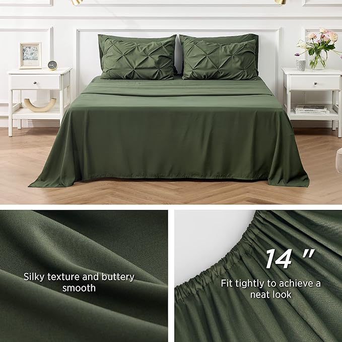 Bedsure King Size Comforter Set - Bedding Set King 7 Pieces, Pintuck Bed in a Bag Olive Green Bed Set with Comforter, Sheets, Pillowcases & Shams - LeafyLoom