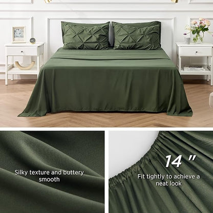 Bedsure California King Comforter Set - Cal King Bed Set 7 Pieces, Pinch Pleat Olive Green Cali King Bedding Set with Comforter, Sheets, Pillowcases & Shams - LeafyLoom