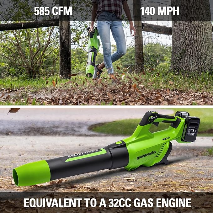 Greenworks 48V (2 x 24V) Cordless Brushless Axial Leaf Blower (140 MPH / 585 CFM / 125+ Compatible Tools), (2) 4.0Ah Batteries and Dual Port Rapid Charger Included - LeafyLoom