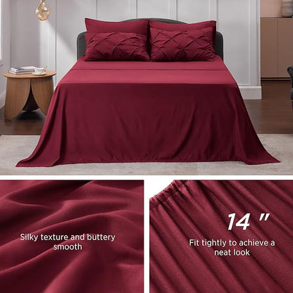 Bedsure Twin XL Comforter Set with Sheets - 5 Pieces Twin XL Bedding Sets for College, Pinch Pleat Burgundy Bed in a Bag with Comforter, Sheets, Pillowcase & Sham - LeafyLoom