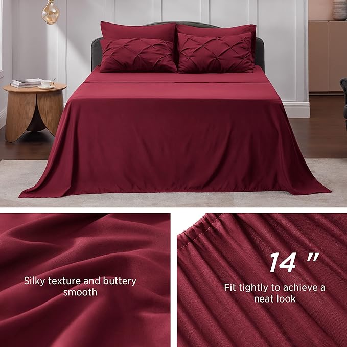 Bedsure Red Comforter Set King - Bedding Set King 7 Pieces, Pintuck Bed in a Bag Burgundy Bed Set with Comforter, Sheets, Pillowcases & Shams - LeafyLoom