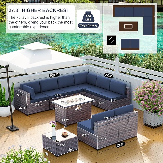 Kullavik 10 Pieces Outdoor Patio Furniture Set with 43" Gas Propane Fire Pit Table PE Wicker Rattan Sectional Sofa Patio Conversation Sets,Navy Blue - LeafyLoom