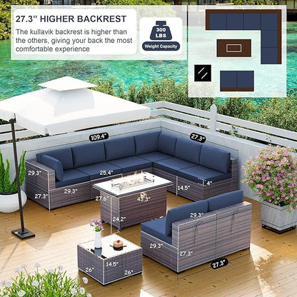 Kullavik 10 Pieces Outdoor Patio Furniture Set with 43" Gas Propane Fire Pit Table PE Wicker Rattan Sectional Sofa Patio Conversation Sets,Navy Blue - LeafyLoom