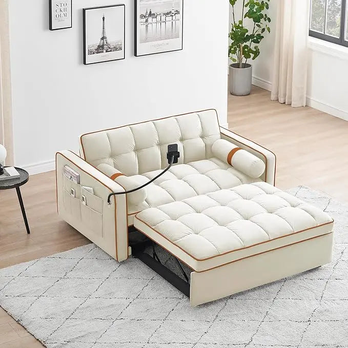 Multi-Functional Convertible Sleeper Sofa Pull Out Bed with Phone Stand and Side Pockets, 3 in 1 Futon Loveseat Couch Pullout Sofabed w/Reclining Backrest and Pillows for Living Room Office RV - LeafyLoom