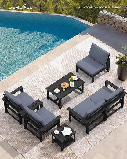 SERWALL HDPE Patio Coversation Set, 7-piece Outdoor Sectional Sofa Set, All Weather Patio Couch Set Patio Furniture for Balcony, Deck, Black Frame with Grey Cushion - LeafyLoom