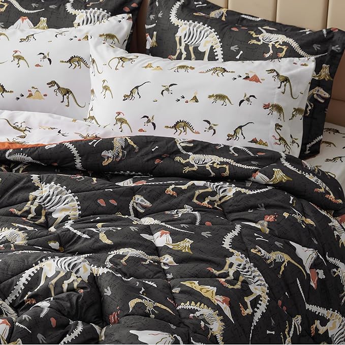 Dinosaur Twin Comforter for Boys,5 Pieces Kids Bedroom Bedding Set with Sheets and Pillowcase,Super Soft Lightweight for All Seasons,Grey,Machine Washable - LeafyLoom